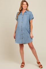 Blue Chambray Frayed Button Down Maternity Dress