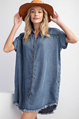 Navy Chambray Frayed Button Down Dress