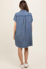 Navy Chambray Frayed Button Down Maternity Dress