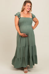 Olive Smocked Ruffle Layered Short Sleeve Tiered Maternity Maxi Dress