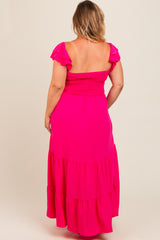 Fuchsia Smocked Ruffle Layered Short Sleeve Tiered Maternity Maxi Dress