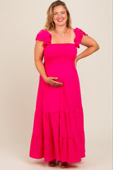 Fuchsia Smocked Ruffle Layered Short Sleeve Tiered Maternity Maxi Dress