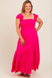 Fuchsia Smocked Ruffle Layered Short Sleeve Tiered Maternity Maxi Dress