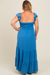 Blue Smocked Ruffle Layered Short Sleeve Tiered Maternity Maxi Dress