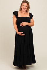 Black Smocked Ruffle Layered Short Sleeve Tiered Maternity Maxi Dress