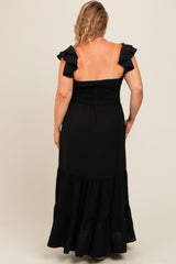 Black Smocked Ruffle Layered Short Sleeve Tiered Maternity Maxi Dress