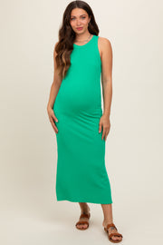 Green Ribbed Maternity Side Slit Tank Dress