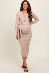 Beige Long Sleeve Fitted Maternity Dress