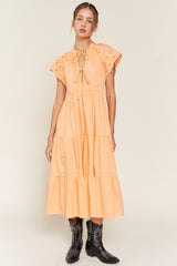 Peach Cotton Embroidered Midi Dress