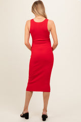 Red Fitted Knit Maternity Midi Dress