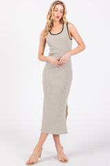 Cream Striped Cutout Cross Back Side Slit Maternity Midi Dress