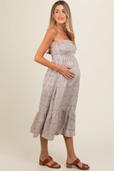 Grey Floral Print Smocked Bodice Tube Top Maternity Midi Dress