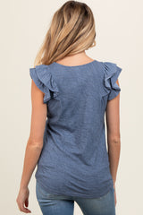 Blue Heathered Ruffle Cap Sleeve Maternity Top