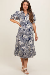 Navy Blue Floral Collared Tiered Maternity Midi Dress