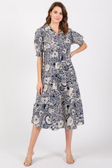 Navy Blue Floral Collared Tiered Maternity Midi Dress