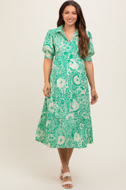 Emerald Green Floral Collared Tiered Maternity Midi Dress