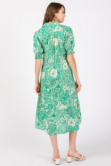 Emerald Green Floral Collared Tiered Midi Dress