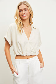 Oatmeal Collared Surplice Crop Top