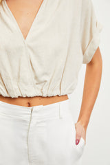 Oatmeal Collared Surplice Crop Top