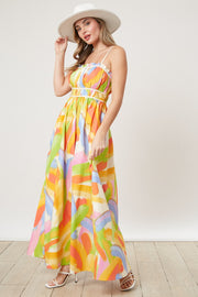 White Abstract Print Pleated Bodice Maxi Dress