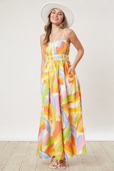 White Abstract Print Pleated Bodice Maxi Dress