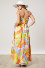 White Abstract Print Pleated Bodice Maxi Dress