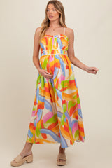 White Abstract Print Pleated Bodice Maternity Maxi Dress