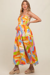 White Abstract Print Pleated Bodice Maternity Maxi Dress