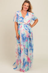 Blue Front Tie V-Neckline Maternity Dress