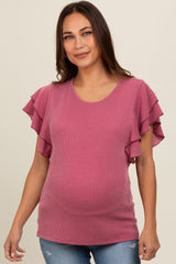 Burgundy Ruffle Sleeve Ribbed Maternity Top