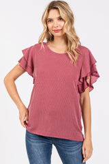 Burgundy Ruffle Sleeve Ribbed Maternity Top