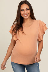 Camel Ruffle Sleeve Ribbed Maternity Top