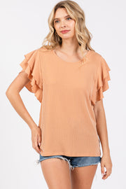 Camel Ruffle Sleeve Ribbed Top