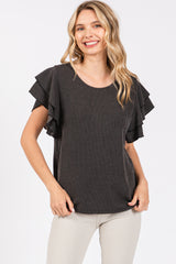 Charcoal Ruffle Sleeve Ribbed Top