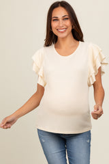 Cream Ruffle Sleeve Ribbed Maternity Top