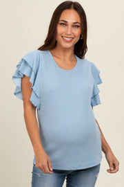 Blue Ruffle Sleeve Ribbed Maternity Top