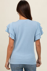 Blue Ruffle Sleeve Ribbed Maternity Top