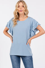 Blue Ruffle Sleeve Ribbed Maternity Top