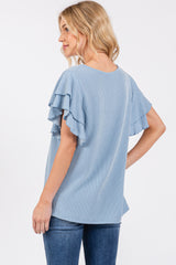 Blue Ruffle Sleeve Ribbed Top