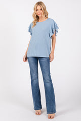 Blue Ruffle Sleeve Ribbed Top