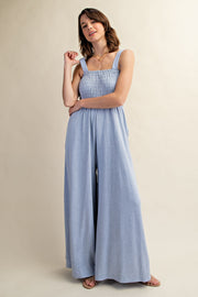 Blue Smocked Wide Leg Jumpsuit