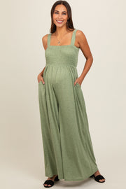 Green Smocked Wide Leg Maternity Jumpsuit