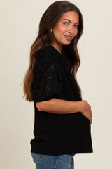 Black Short Puff Eyelet Lace Floral Sleeve Maternity Top