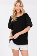 Black Short Puff Eyelet Lace Floral Sleeve Maternity Top