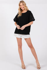 Black Short Puff Eyelet Lace Floral Sleeve Top