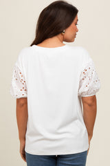 Ivory Short Puff Eyelet Lace Floral Sleeve Maternity Top