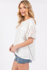 Ivory Short Puff Eyelet Lace Floral Sleeve Top