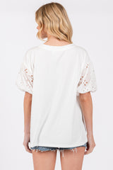 Ivory Short Puff Eyelet Lace Floral Sleeve Top