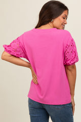 Pink Short Puff Eyelet Lace Floral Sleeve Maternity Top