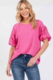 Pink Short Puff Eyelet Lace Floral Sleeve Top